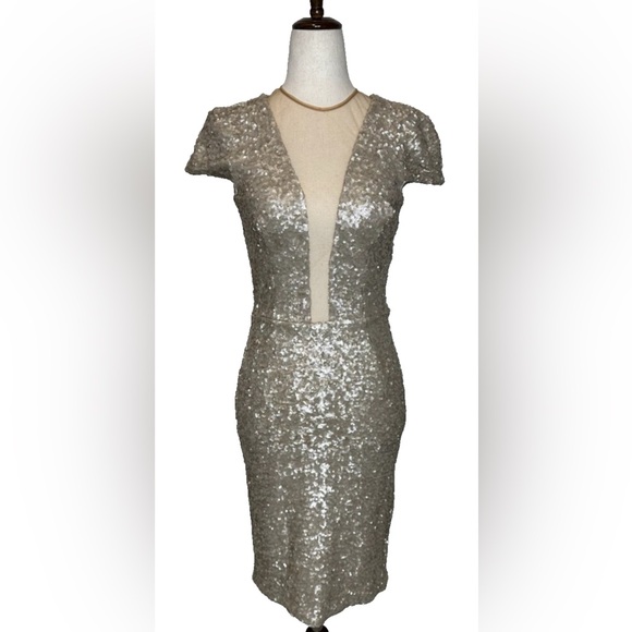 Dress The Population Kylie Illusion Sequin Dress Small Champagne Gold - Picture 2 of 9